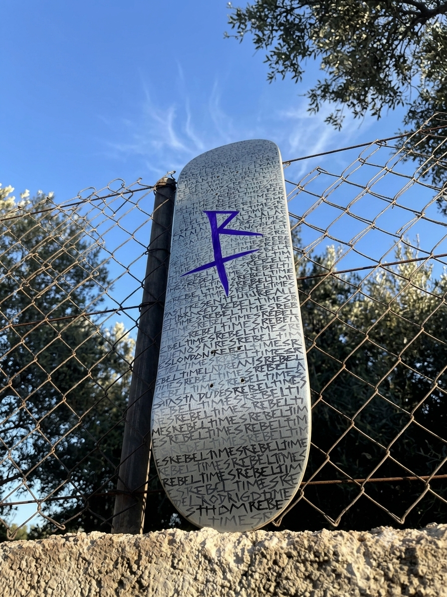 RebelTimes Skate Deck — Silver Rain of Scripts by Thom