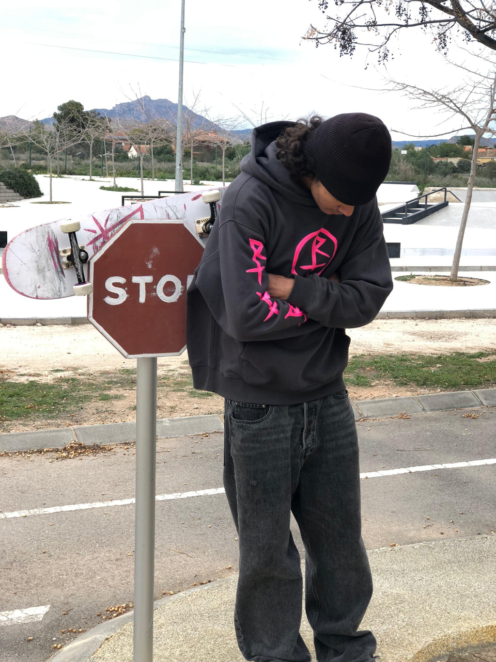 Sudadera Gris con Diseño Rosa Neón - Estilo Skate 90s